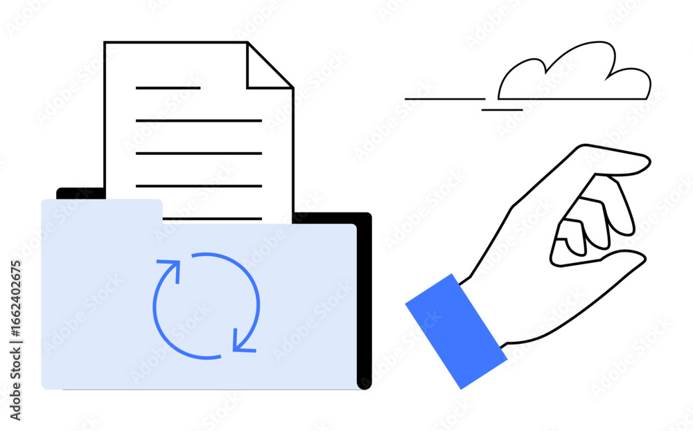 Poster hand making selection gesture with rotating arrows on a folder and document, symbolizing synchroniza