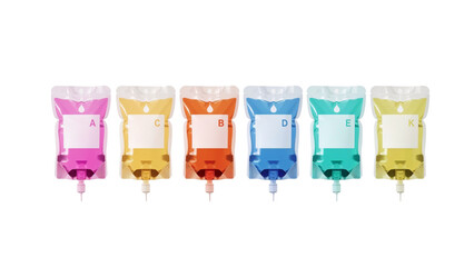 Harmonious array of vibrant fluid-filled pouches against a stark black background providing a