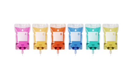 Harmonious array of vibrant fluid-filled pouches against a stark black background providing a