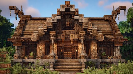 Naklejka premium Intricate wooden longhouse with tiered roof, carved details, stone base, and flanking pillars, set in a verdant forest