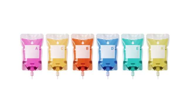 Harmonious array of vibrant fluid-filled pouches against a stark black background providing a