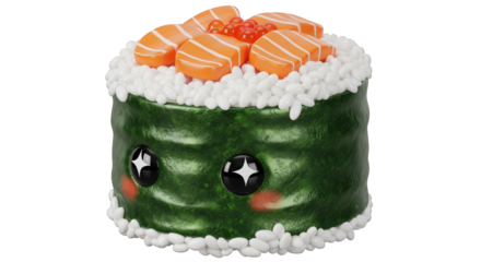 A charming, cartoon-style sushi roll with salmon topping and adorable facial features.