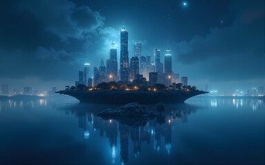 Fototapeta premium Ethereal Floating Island Cityscape at Night. High quality