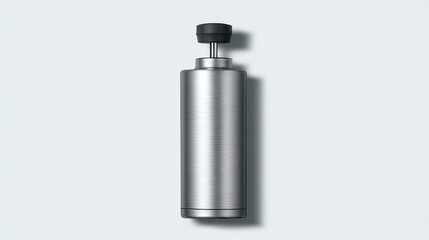 A brushed-metal cylindrical dispenser with a dark-grey top, standing upright against a light-grey background, casts a subtle shadow