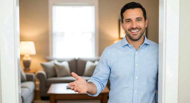 A smiling man in a light blue shirt stands in a doorway, gesturing welcomingly. A comfortably furnished living room is visible in the background. He appears friendly and approachable.