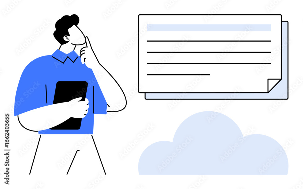 Poster person thinking while holding a tablet, facing a text panel with lines and a folded corner above a c