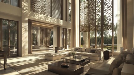 Spacious, sun-drenched living room with intricate, light-filtering screens