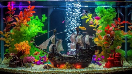 Colorful aquarium with decorative ship and plants