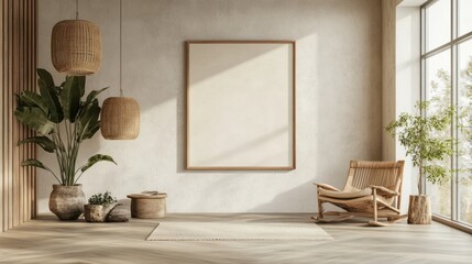 Beige, minimalist room with wooden rocking chair and large blank canvas