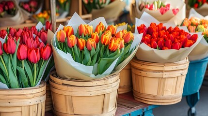 Vibrant Red and Orange Tulip Bouquets in Wooden Baskets