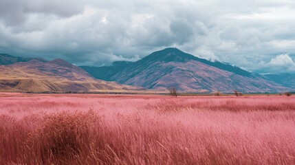 Naklejka premium A vast field of pink grass extends towards distant mountains under a stormy sky