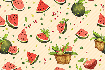 Hand-Drawn Watermelon and Fruit Pattern on Light Yellow Striped Background for Summer Vibes