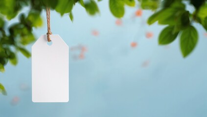 Blank white tag hanging from jute string among lush green leaves soft focus sky