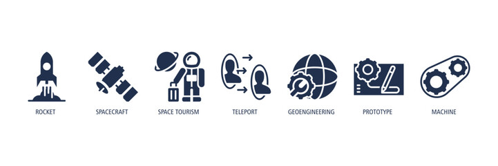 Naklejka premium Space Exploration glyph Icons Web Banner – Rocket, Spacecraft, Space Tourism, Teleport, Geoengineering, Prototype, Machine