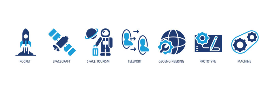Space Exploration glyph duotone Icons Web Banner &ndash; Rocket, Spacecraft, Space Tourism, Teleport, Geoengineering, Prototype, Machine