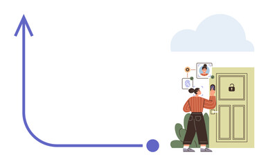 Woman interacting with a smart door lock system via face recognition on her device. Ideal for security, AI, technology, smart homes, privacy, innovation, and futuristic concepts. Minimal and simple