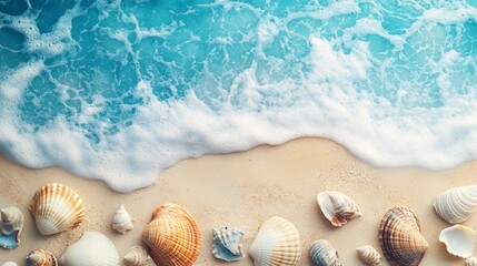 Seashells adorn sandy shore with turquoise ocean waves gently washing the beach