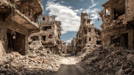 A war-torn urban landscape, with collapsed buildings and rubble under a clouded sky