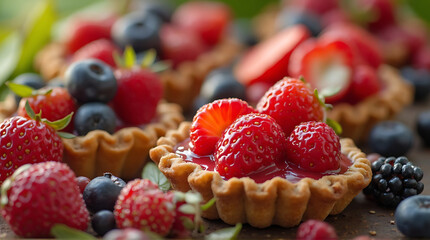 Delicious Mixed Berry Tartlets with Fresh Strawberries and Blueberries Close-Up