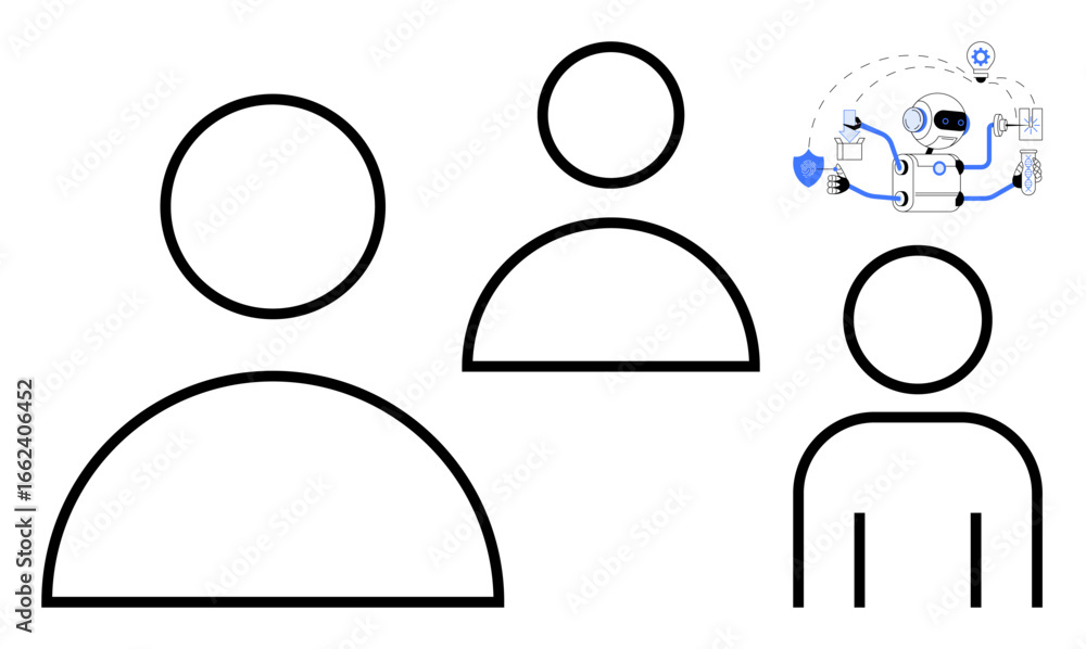 Poster three minimal human outlines and a futuristic robot with connected elements. ideal for teamwork, ai 