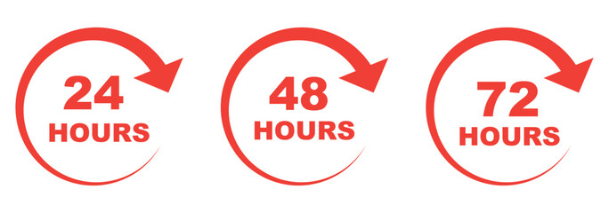 12, 24, 48, 72 hours clock arrow. symbol work time, delivery and service time. 12, 24, 48 and 72 hours clock arrow. Delivery and service time. Vector Illustration.