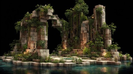 Naklejka premium Overgrown stone ruins on a small island, partially submerged in tranquil teal water, featuring an archway, overgrown with lush vegetation and illuminated by soft light sources
