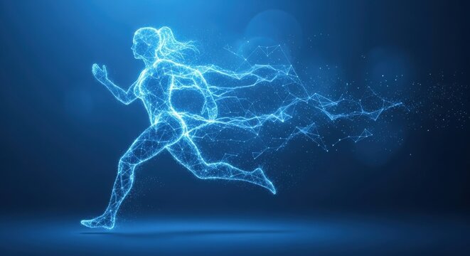 Digital woman running with blue lines and dots on a dark blue background in a side view pose