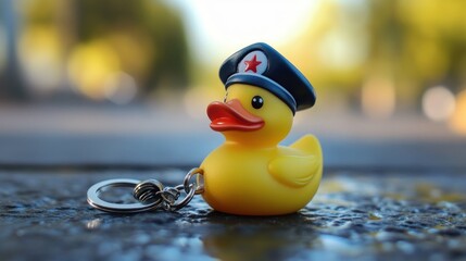 Yellow rubber duck keyring, navy cap, red star