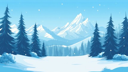 Winter landscape with snow-capped mountains and pine trees