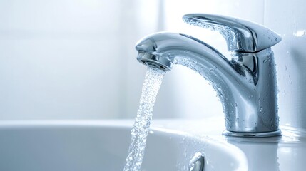 Chrome faucet with water flowing into a white sink