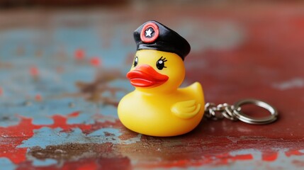 Yellow rubber duck keychain with a black cap