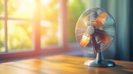 Tabletop fan near window, sunlight streaming through