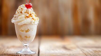 Whipped cream ice cream sundae in glass bowl.  Cherry on top