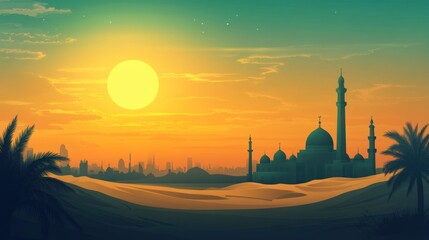 Desert sunset cityscape with mosque