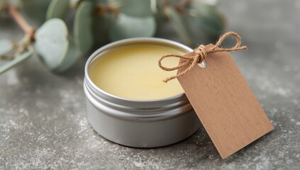 Natural balm in silver tin with blank tag tied with twine on textured surface