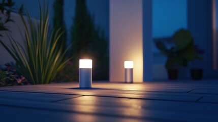 Two small, cylindrical, white outdoor lights illuminate a wooden patio at night.  Surrounding greenery and plants add depth
