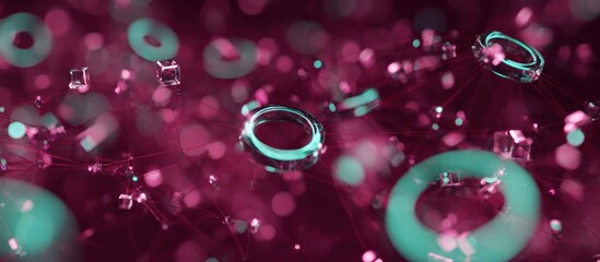 Abstract composition with translucent teal rings and cubes interconnected by red lines on a red background