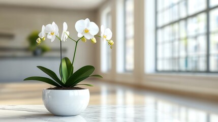 White orchid in a white pot on a marble surface, indoor setting with large windows
