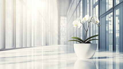 White orchid in modern office space. Sunlight streams through large windows