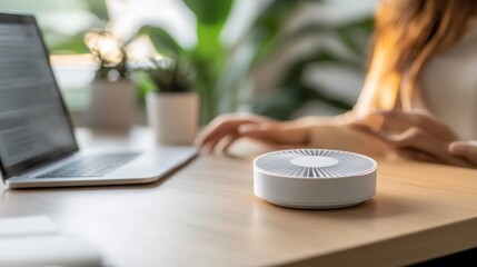A white, round device sits on a light wooden desk, in front of a laptop and plants.  A person's hands are slightly visible