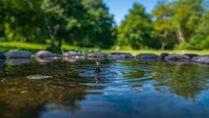 Crystal clear water droplet falling rippling surface nature scenery peaceful zen