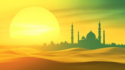 Silhouetted mosque city at desert sunrise