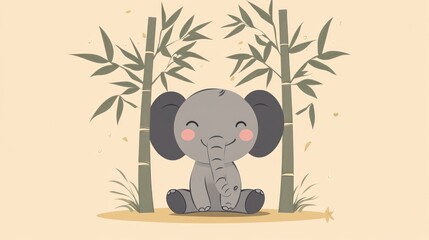 Cute elephant sits amidst bamboo trees on a light beige background