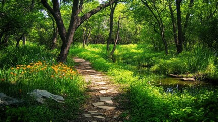 Sunlit path through a verdant woodland, dotted with wildflowers