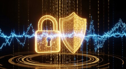 Glowing Padlock and Shield Protecting a Digital Data Stream Amidst Falling Binary Code.