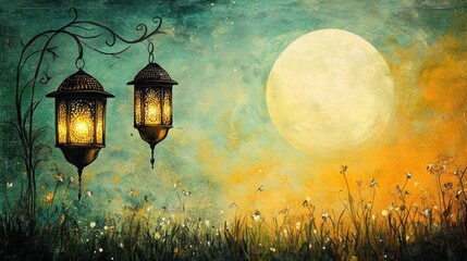 Two ornate lanterns hang in a moonlit meadow