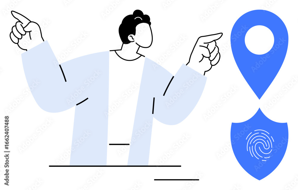 Aufkleber person pointing at blue geolocation pin and fingerprint-patterned shield symbolizing data security, 