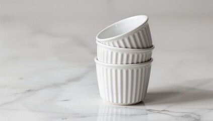 Stack of three white ceramic ramekins with vertical ribbing on a marble surface