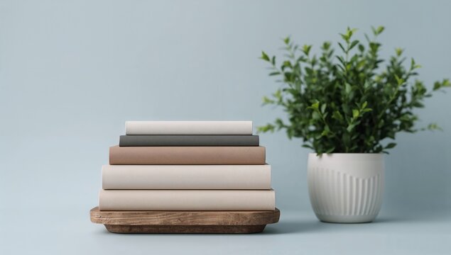 Stack of muted tone books on table beside green potted plant calm ambiance
