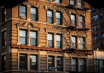 Urban building facade at sunset